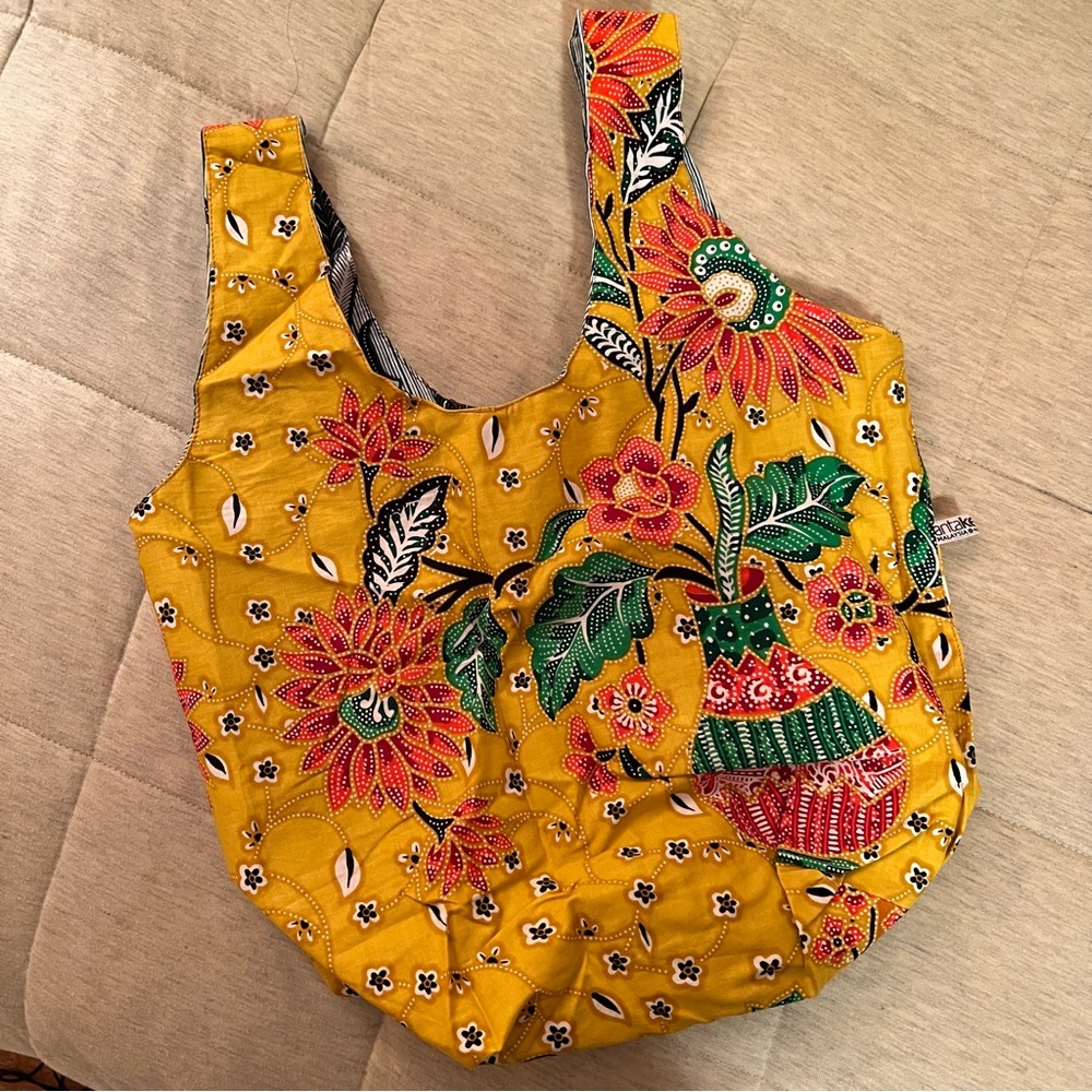 Reversible Malaysian batik yellow and blue mini tote
